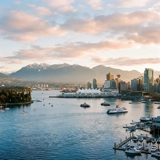 Illustration of Vancouver with mountains behind the harbour